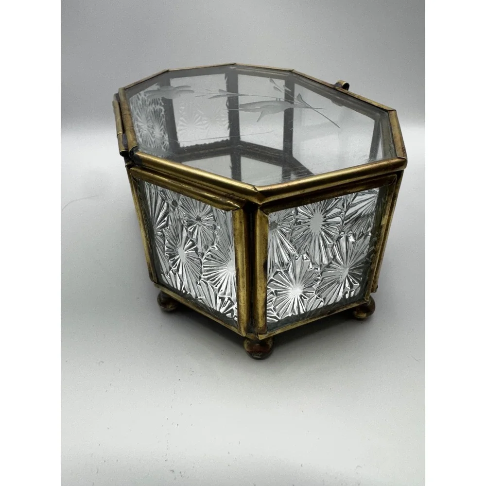 1980's Octagonal Glass Jewelry Box with brass tone frame Etched